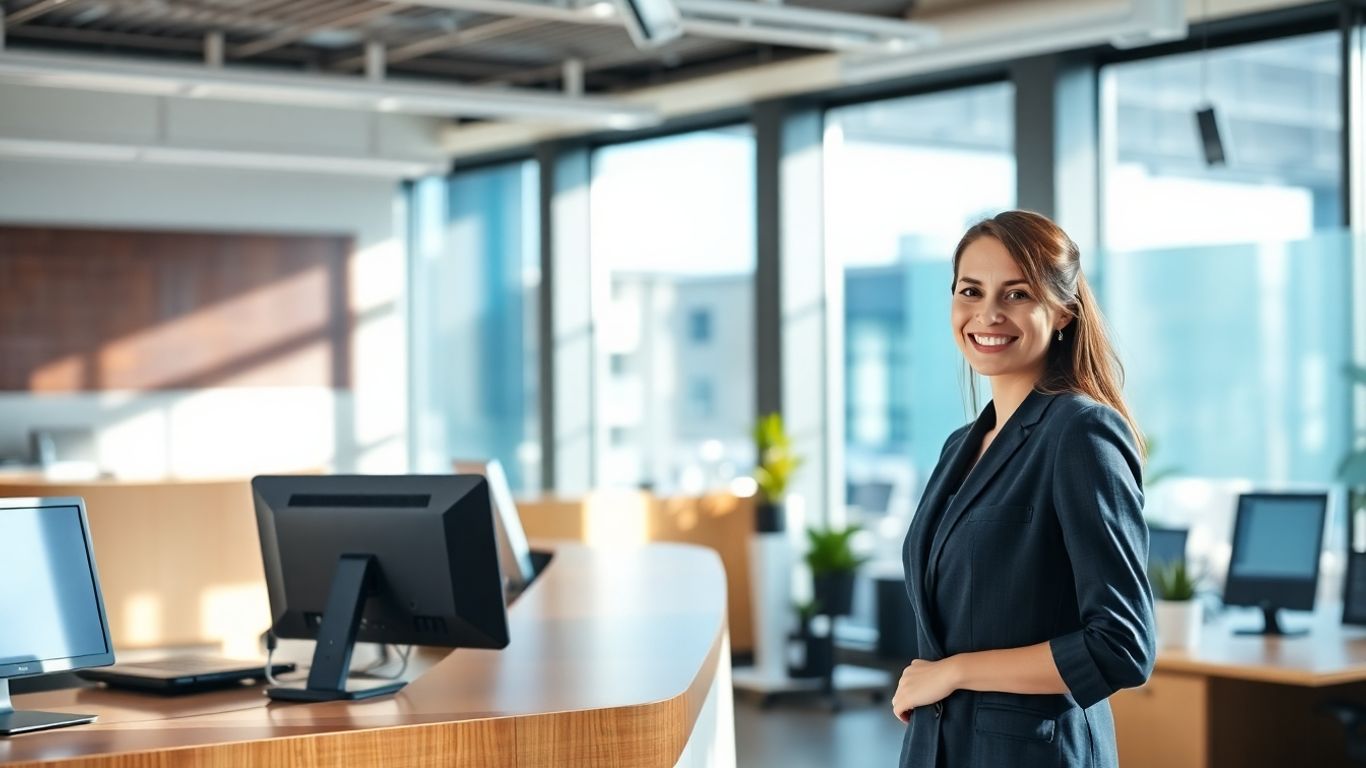 Professional receptionist in a modern office handling calls.