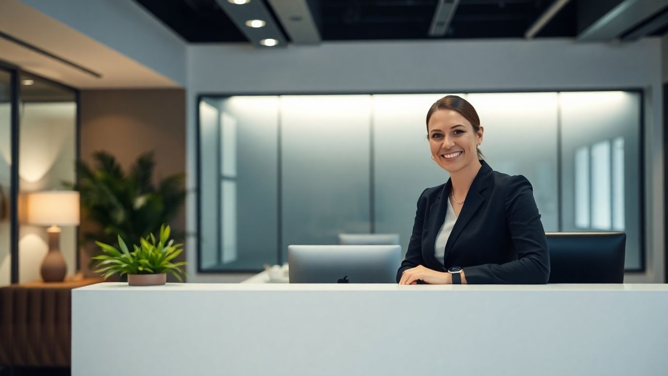 Business receptionist handling calls efficiently in a modern office.