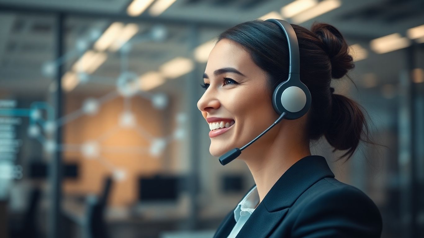 Professional woman using headset with integrated business technology.
