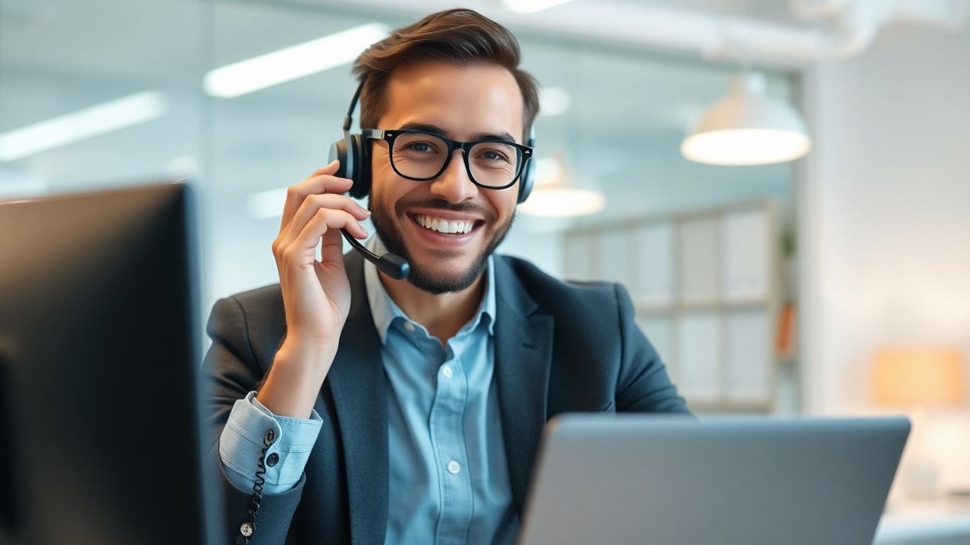 Small business owner answering a phone call with a headset.