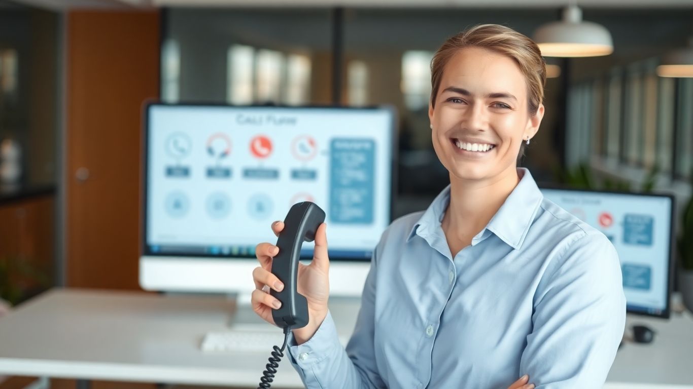 Small business owner expertly handling calls with modern technology.