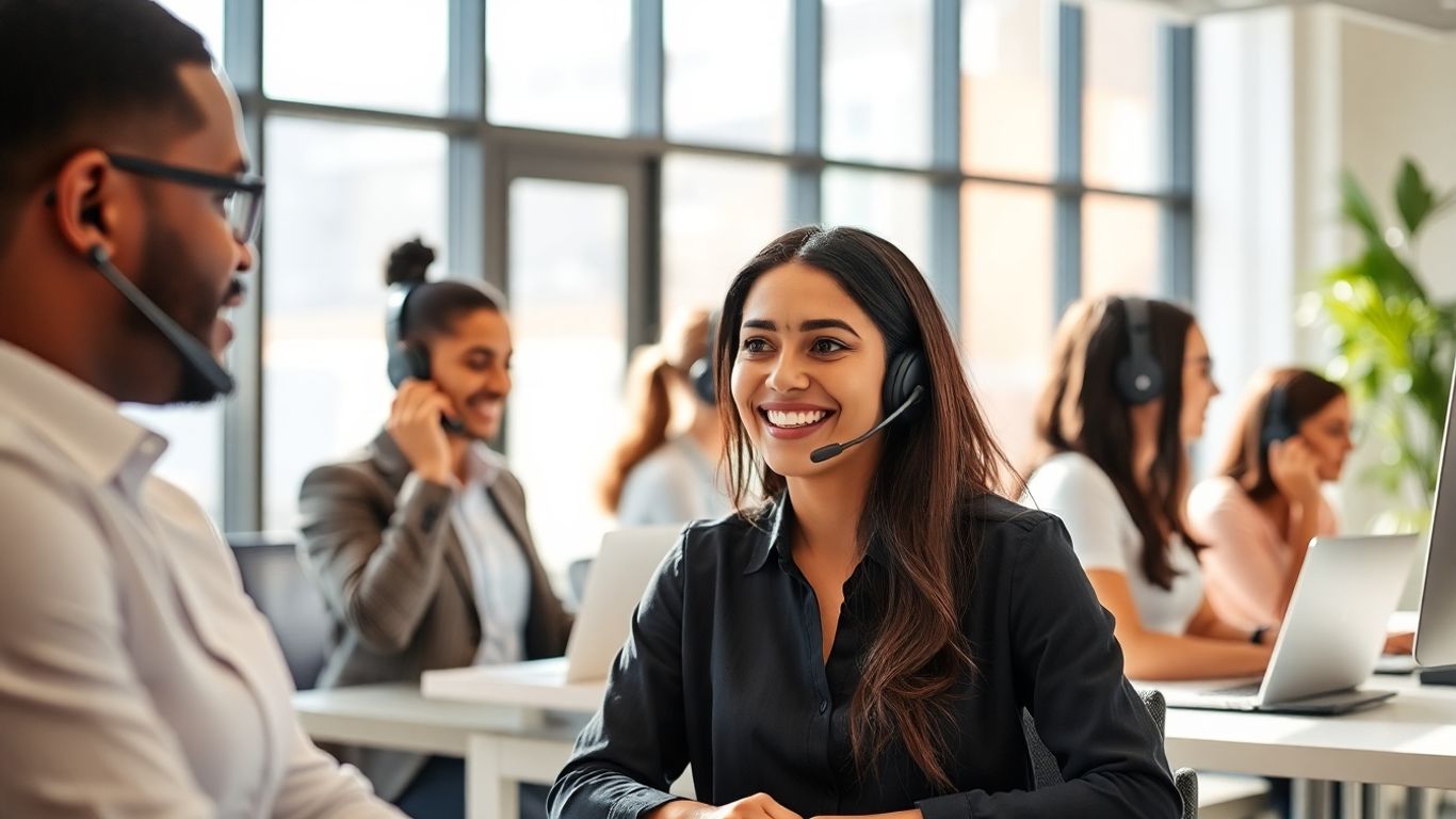 Small business team handling calls efficiently in a modern office.