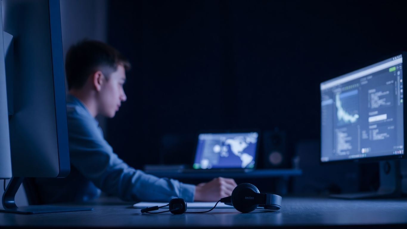 Person working remotely with a headset at night.