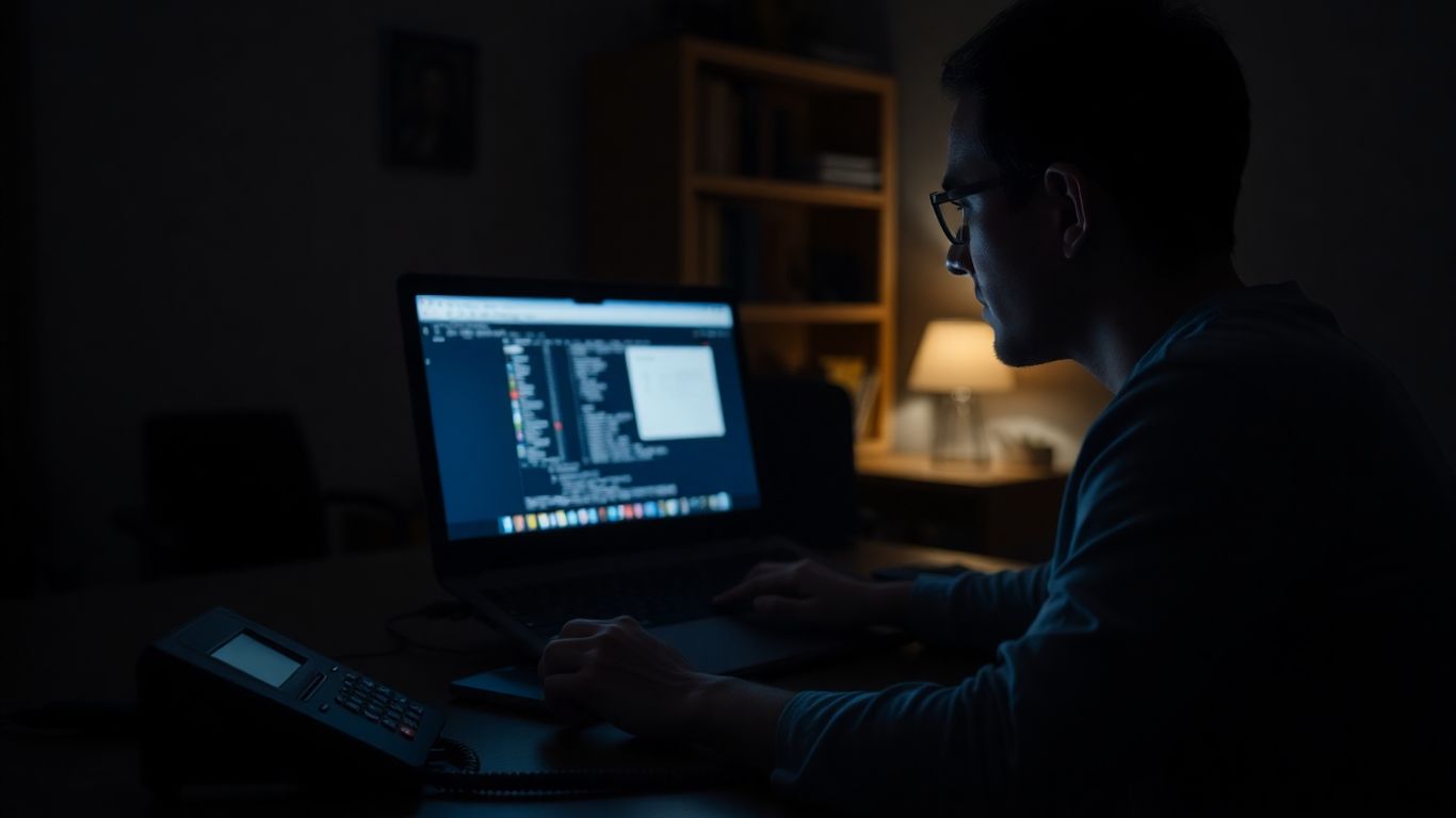 Remote worker at night with phone and laptop.