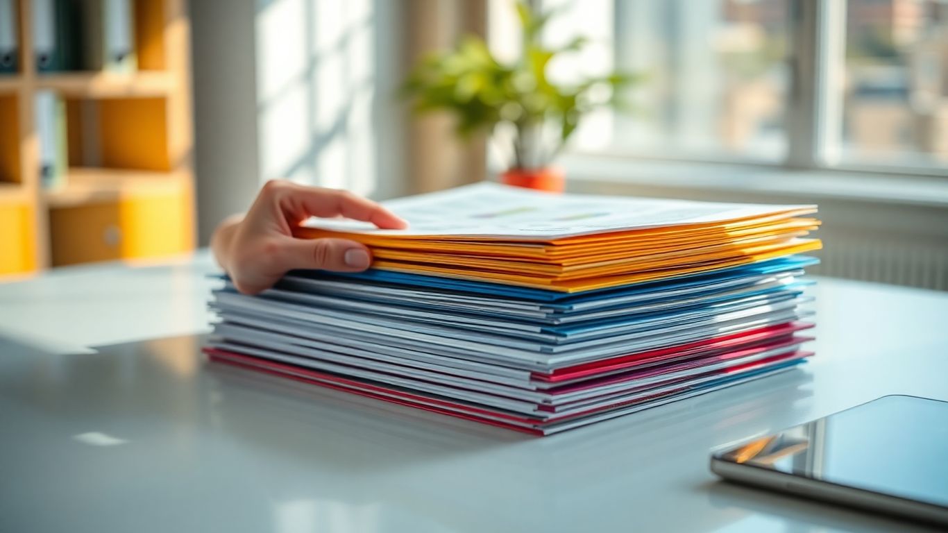 Hands organizing papers on a desk with precision.