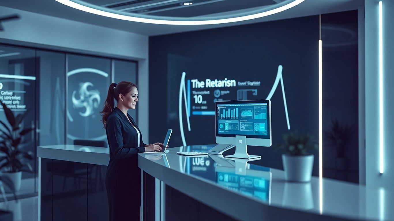 Front desk with receptionist and advanced computer interface.
