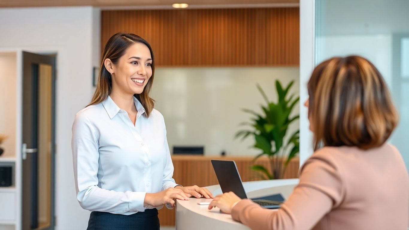 Business receptionist assisting a client with a smile.