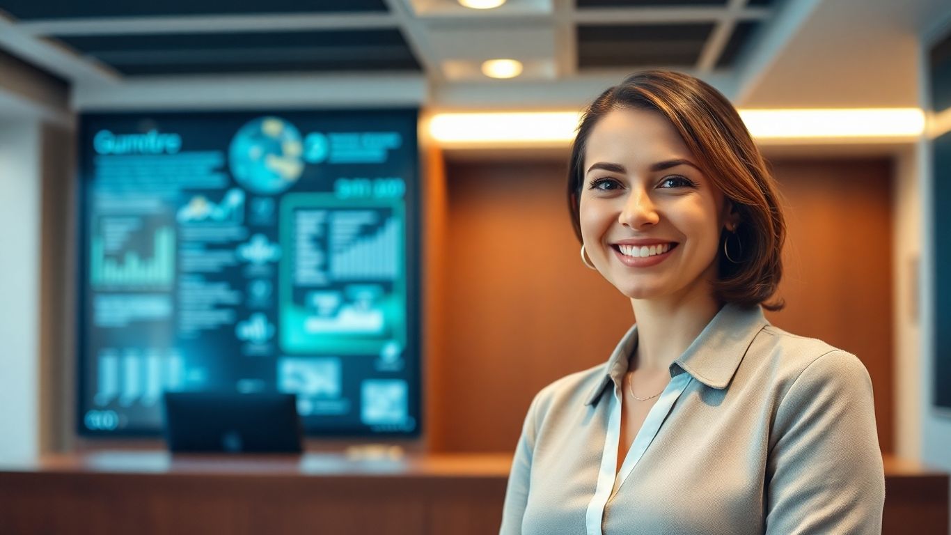 Professional receptionist assisting a client with a smile.
