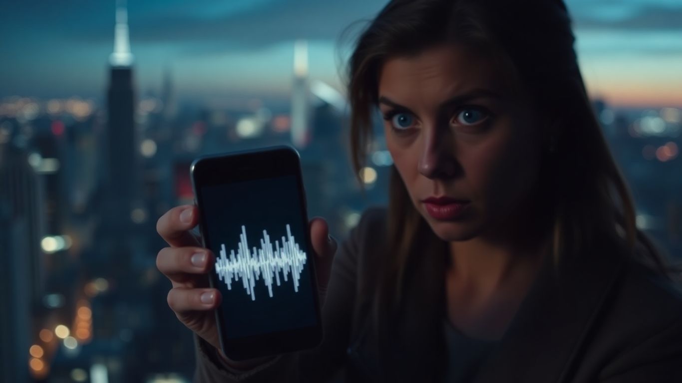 Person looking worried at a phone with a robotic voice.