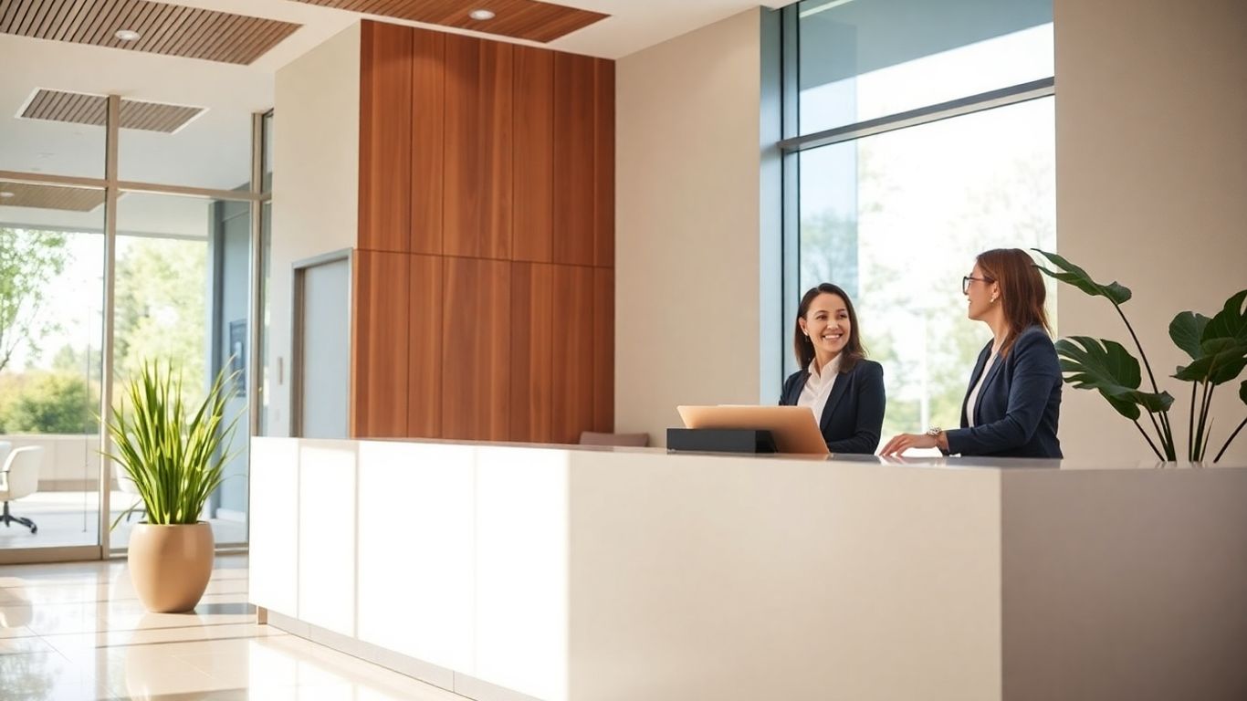 Reception desk with smiling receptionist and visitor.