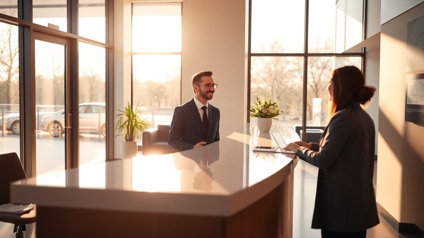 Receptionist assisting a client at a front desk.
