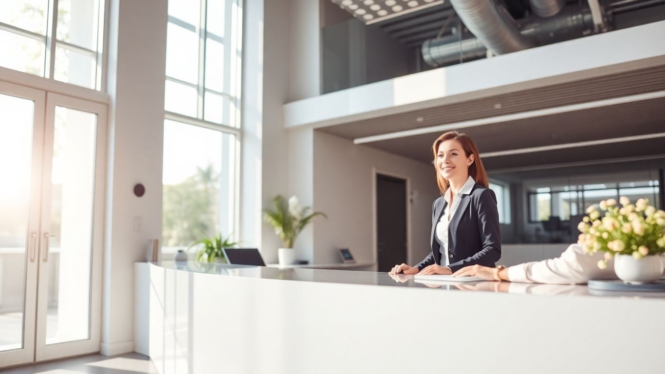 Modern reception desk with smiling receptionist and visitor.