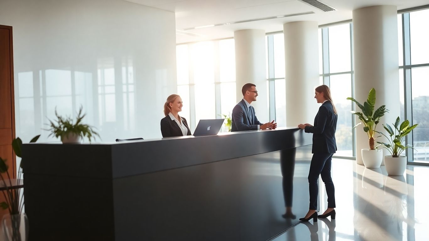 Modern reception desk with a smiling receptionist and visitor.