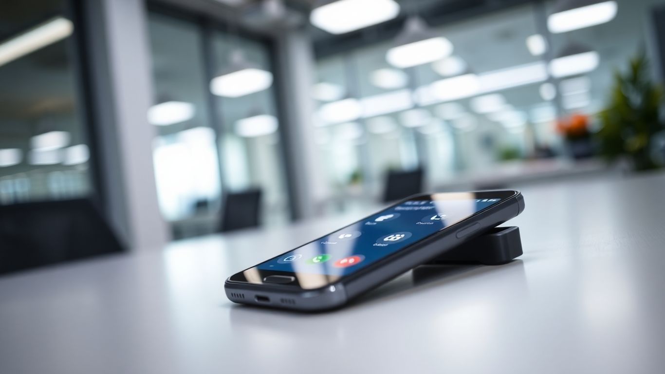 Smartphone call management interface on an office desk.