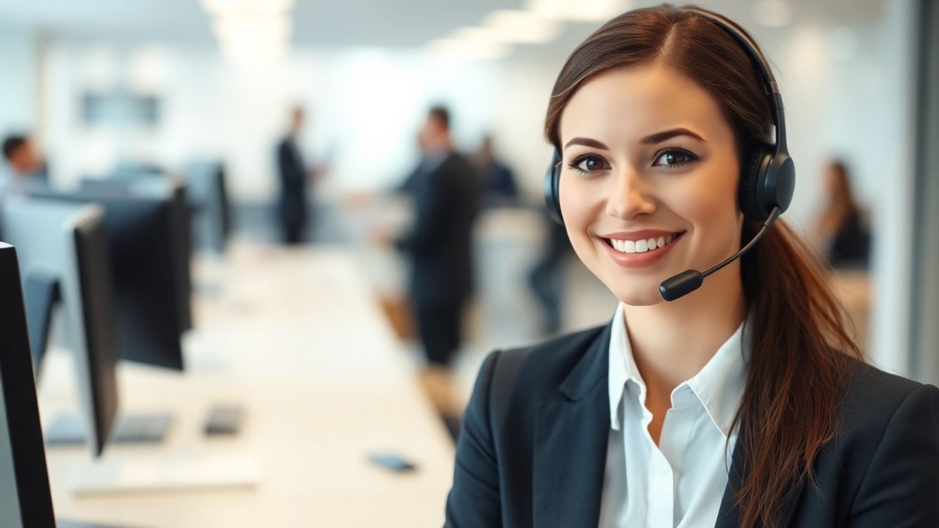 Receptionist handling calls with modern technology.