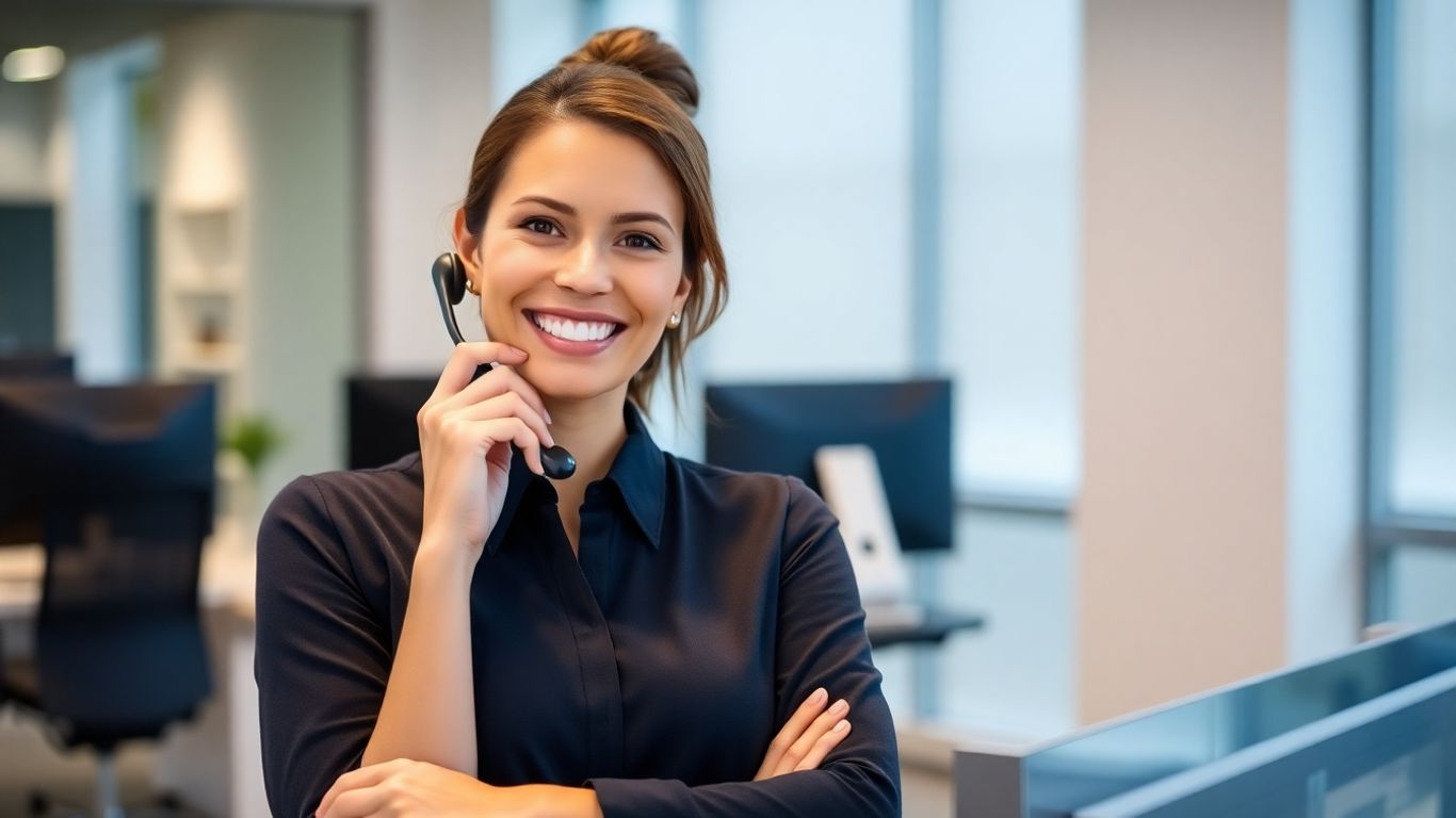 Receptionist handling calls with a headset in an office.
