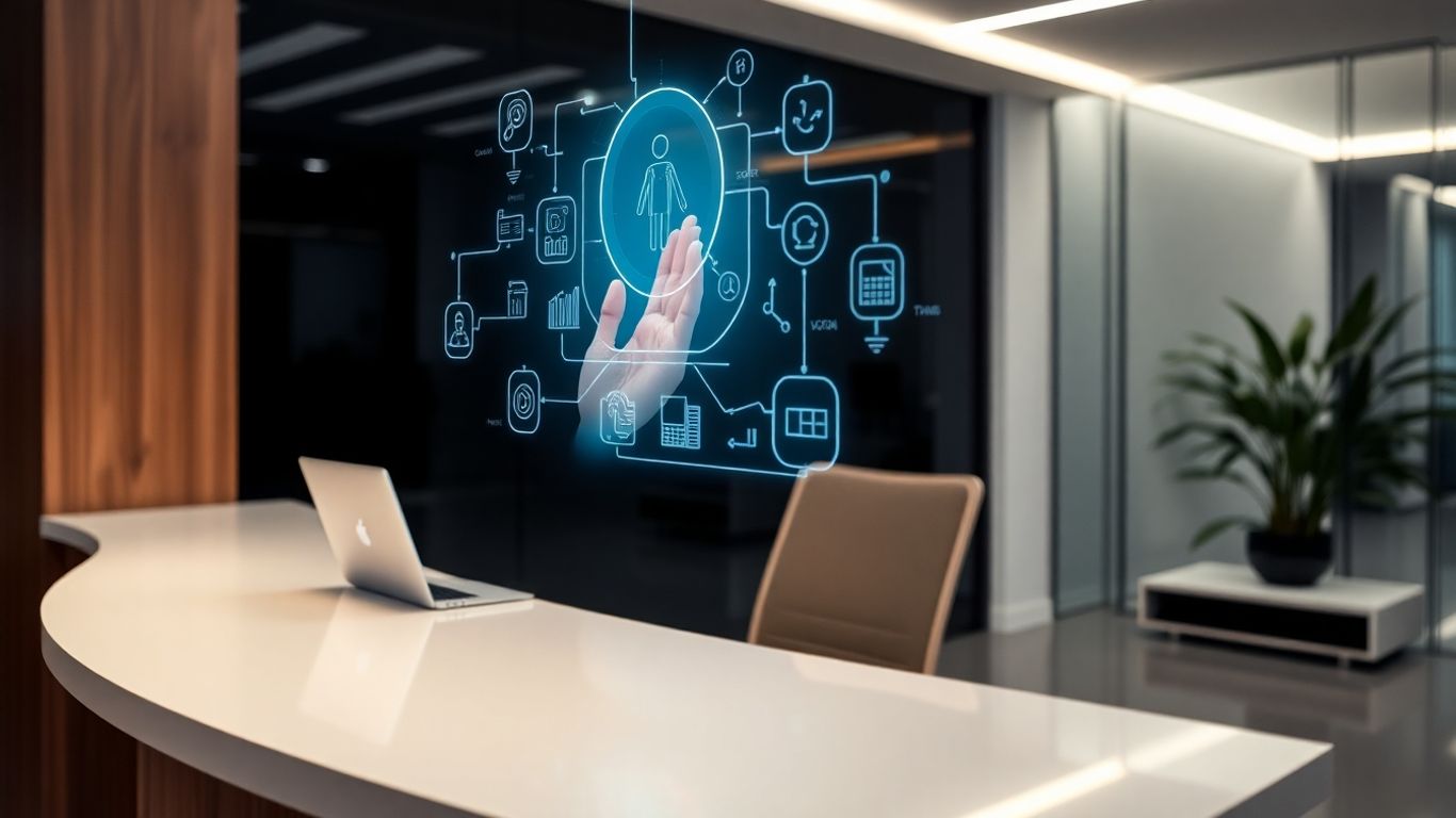 Automated front desk with digital interface and data streams.