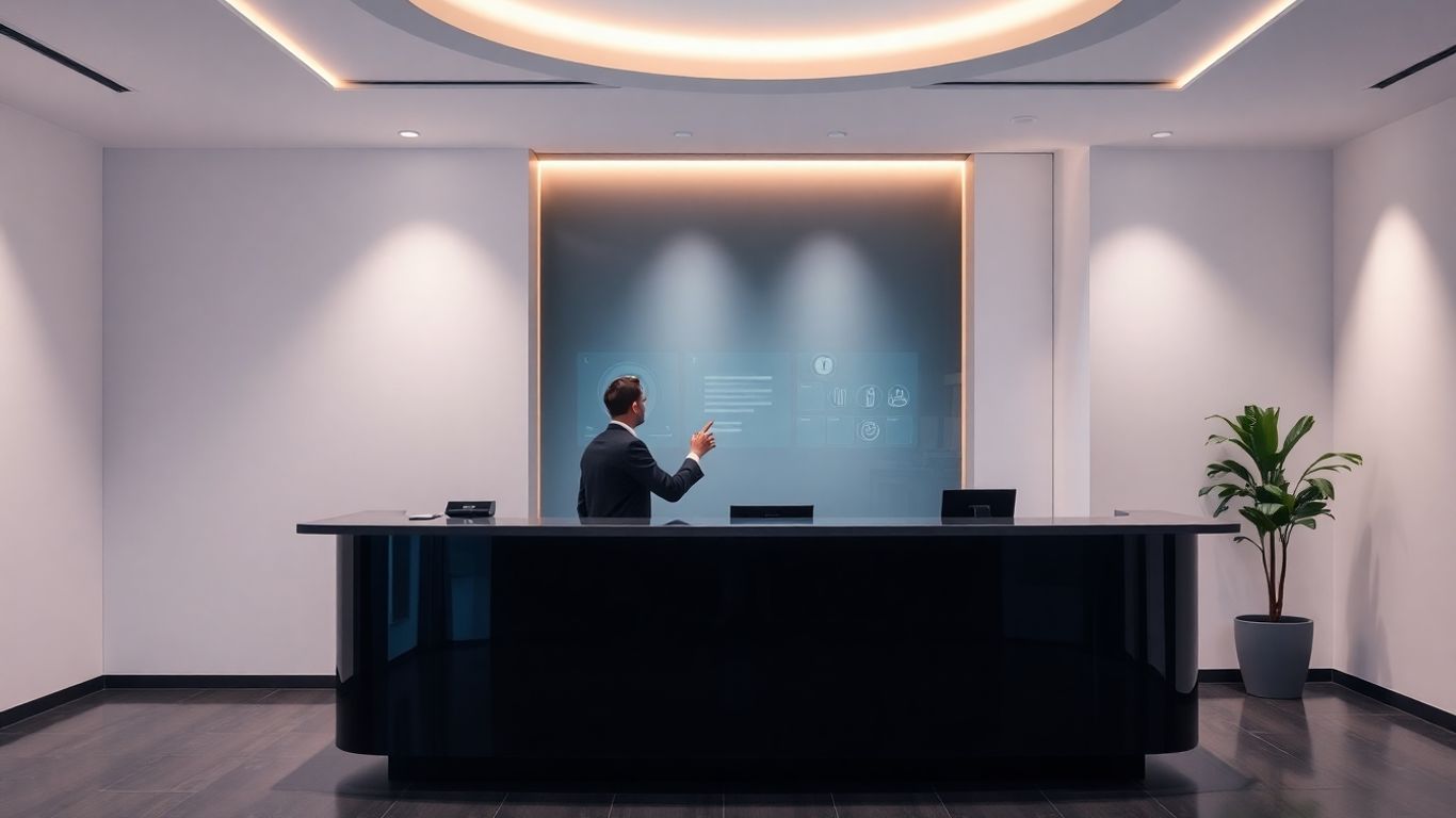 Automated front desk with digital interface and person interacting.