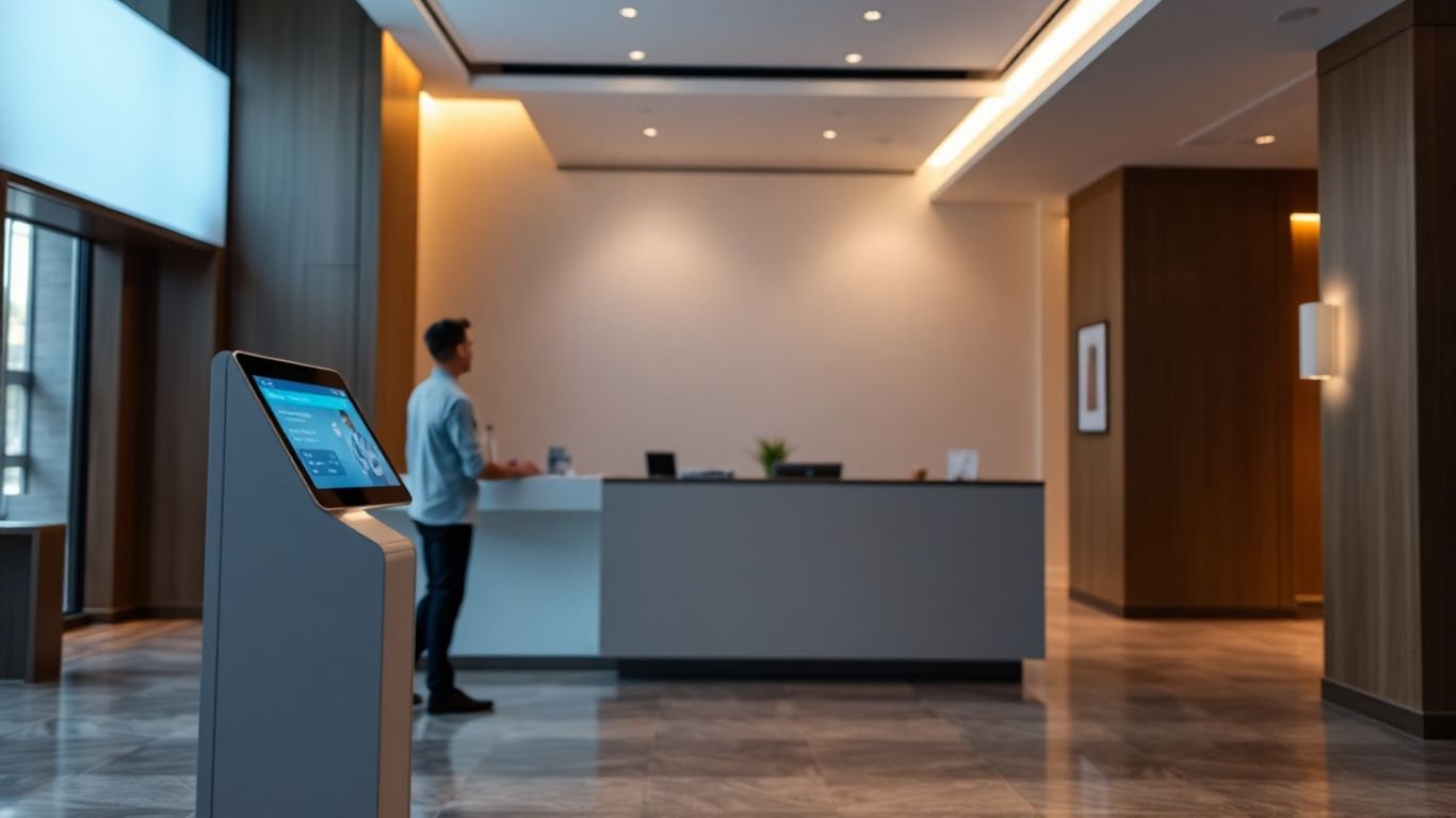 Automated front desk kiosk in a modern reception area.