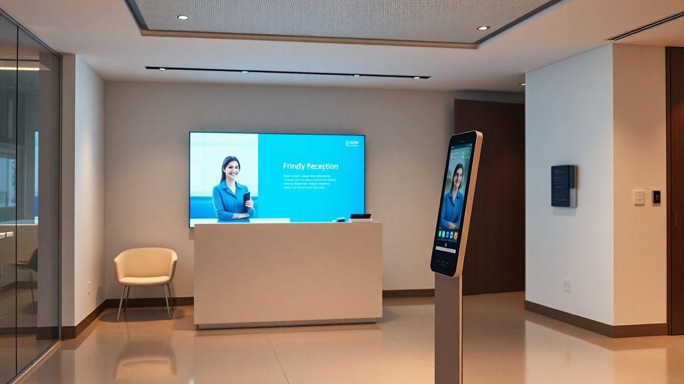 Automated front desk with virtual receptionist on screen.