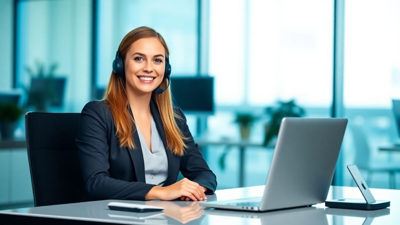 Professional receptionist with headset in a modern office.
