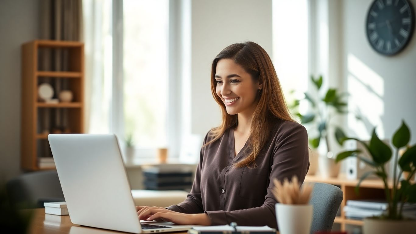 Remote receptionist working from a home office.