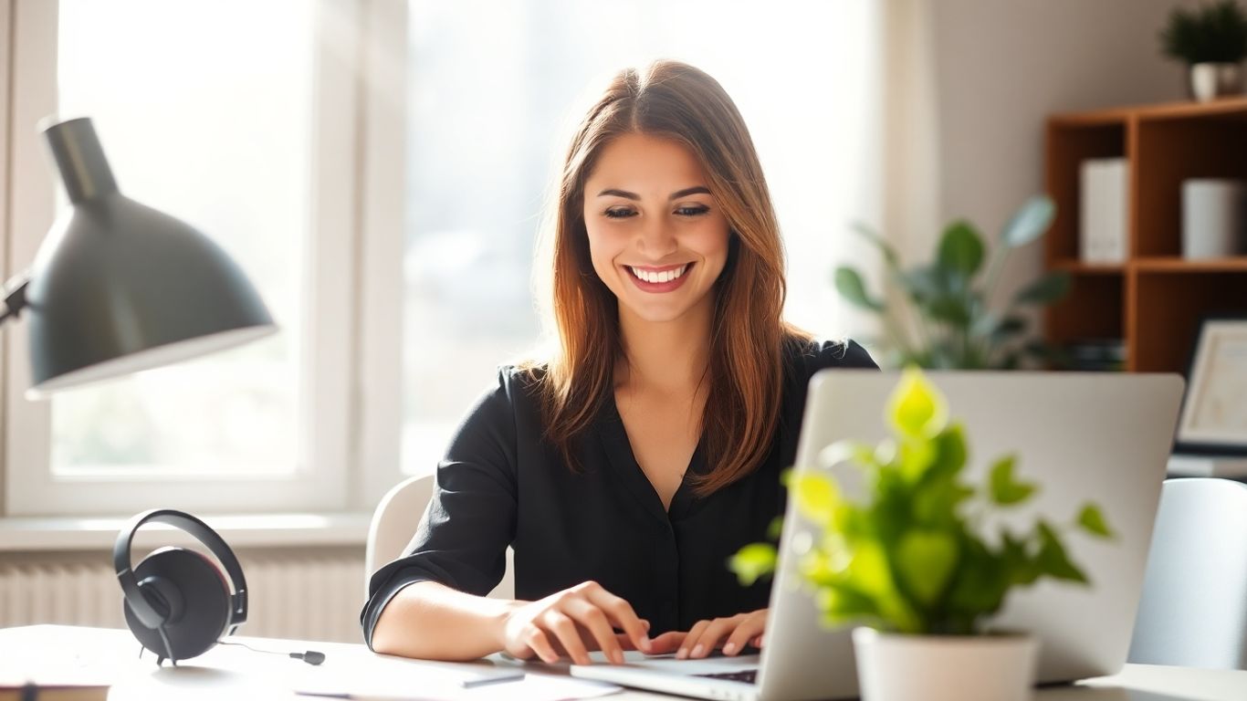 Remote receptionist working from a home office.