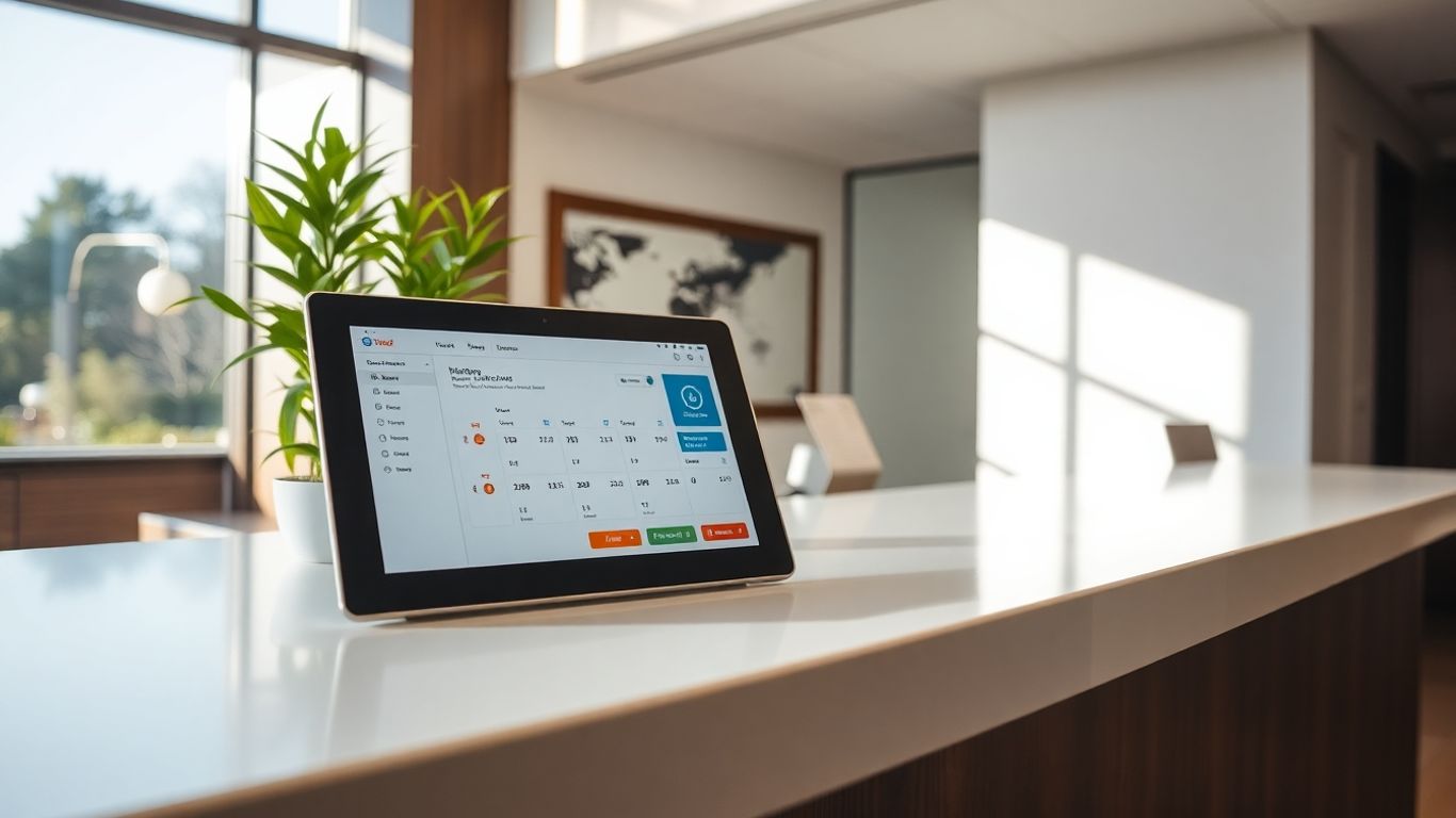 Modern hotel front desk with digital management tablet.
