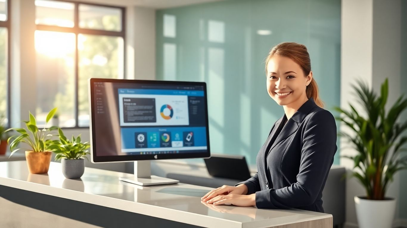 Receptionist managing front desk operations on a computer.