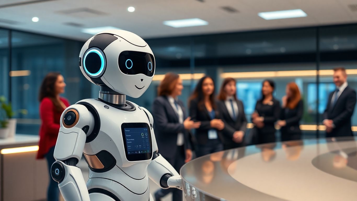 AI robot receptionist assisting business professionals at a desk.
