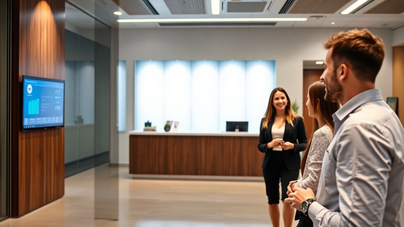 Modern office reception with digital display and friendly receptionist.