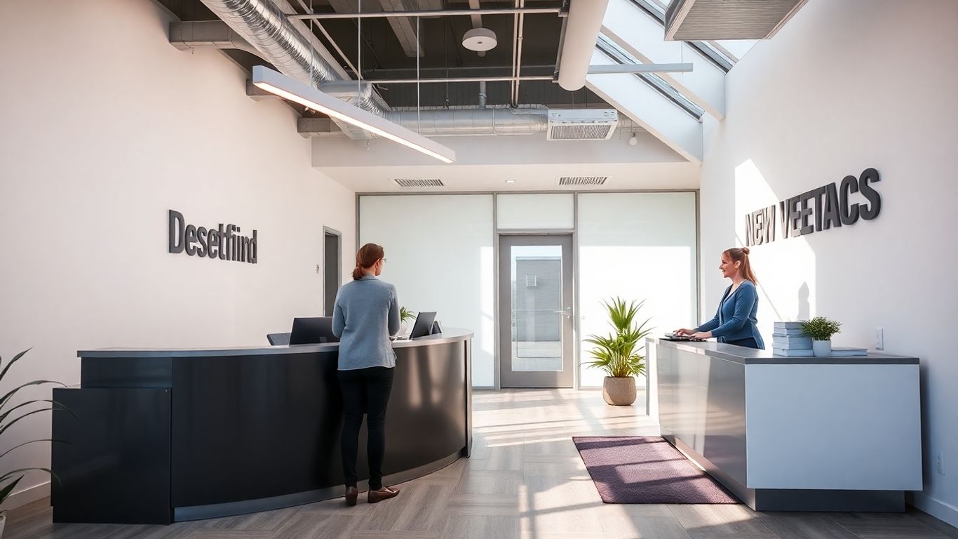 Modern office reception desk with a welcoming receptionist.