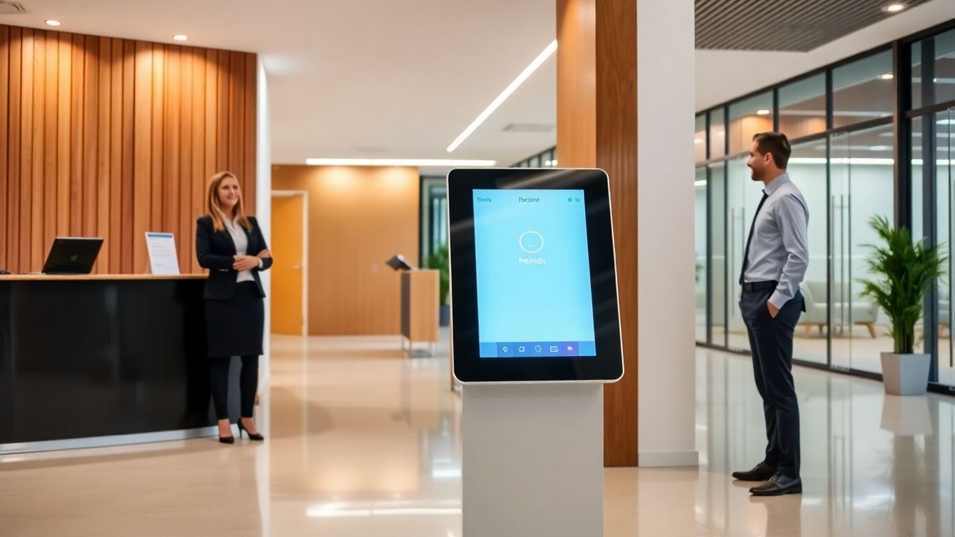 Modern office reception with digital kiosk and receptionist.