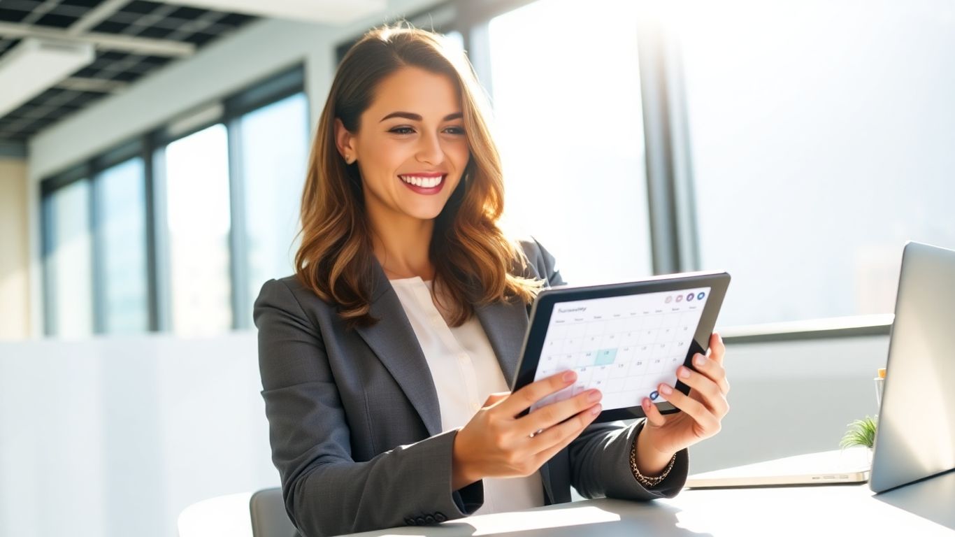 Woman booking appointment on tablet calendar