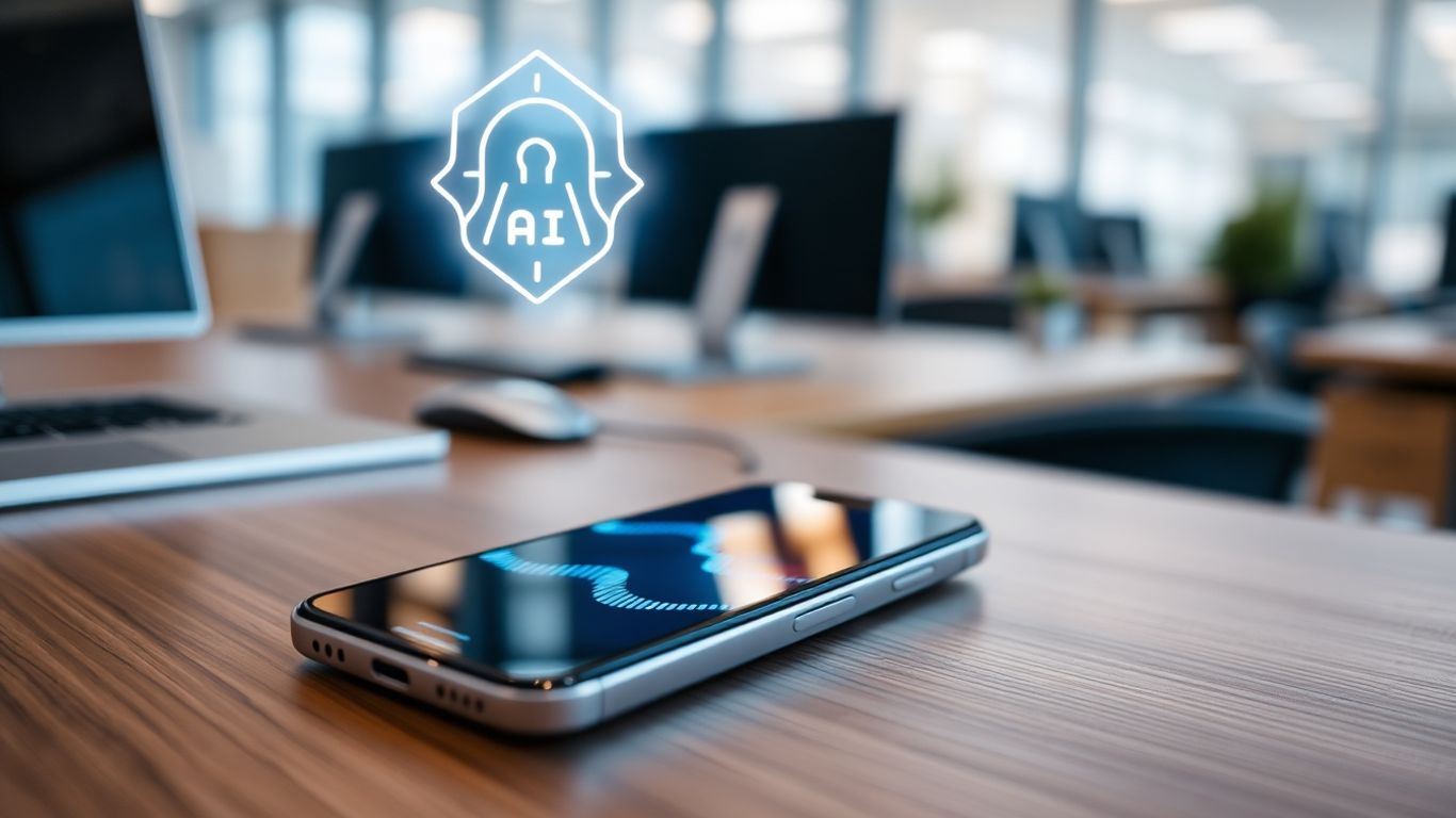 AI answering machine on a smartphone with business analytics.