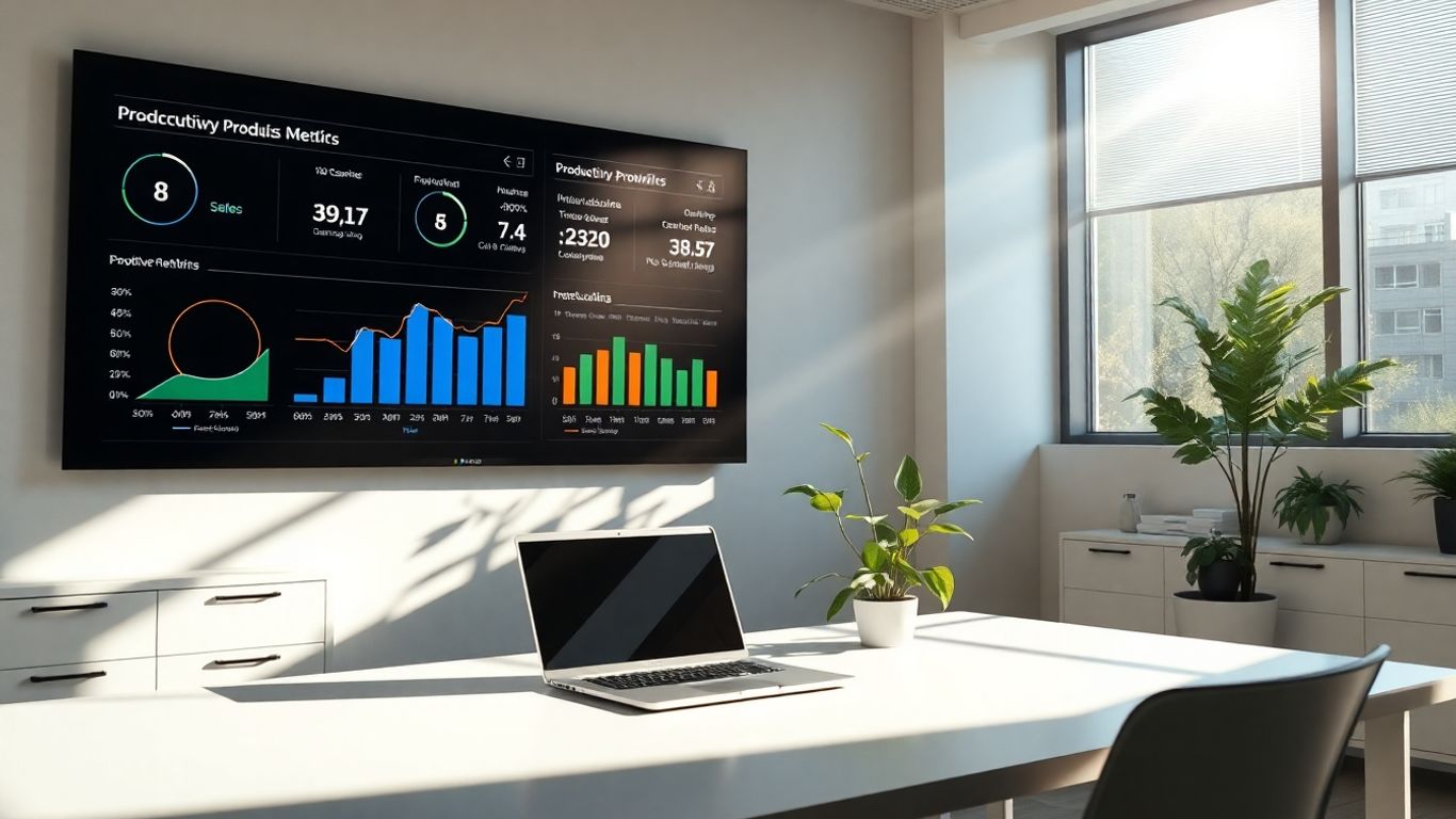 Modern office with digital dashboard and laptop.