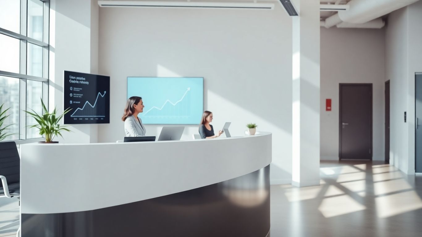 Reception desk in a modern office with clients.