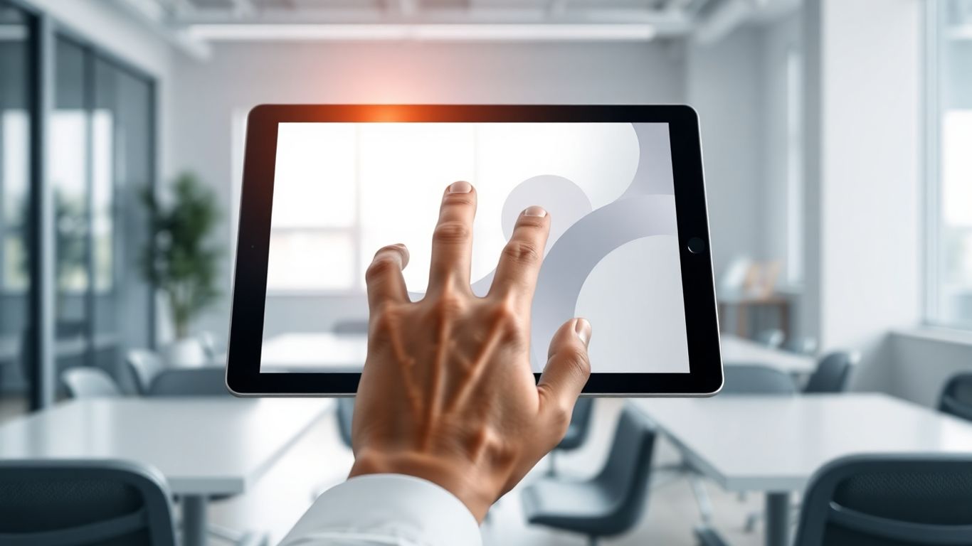 Hand interacting with a digital interface on a tablet.