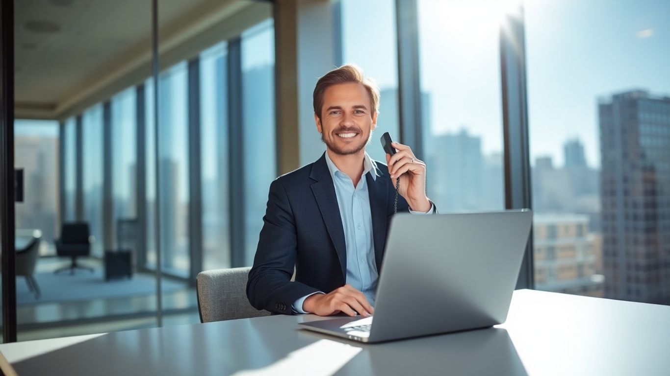 Real estate agent using phone in modern office