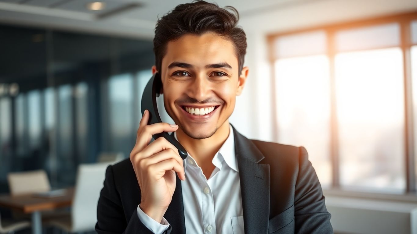 Real estate agent holding phone, smiling professionally.