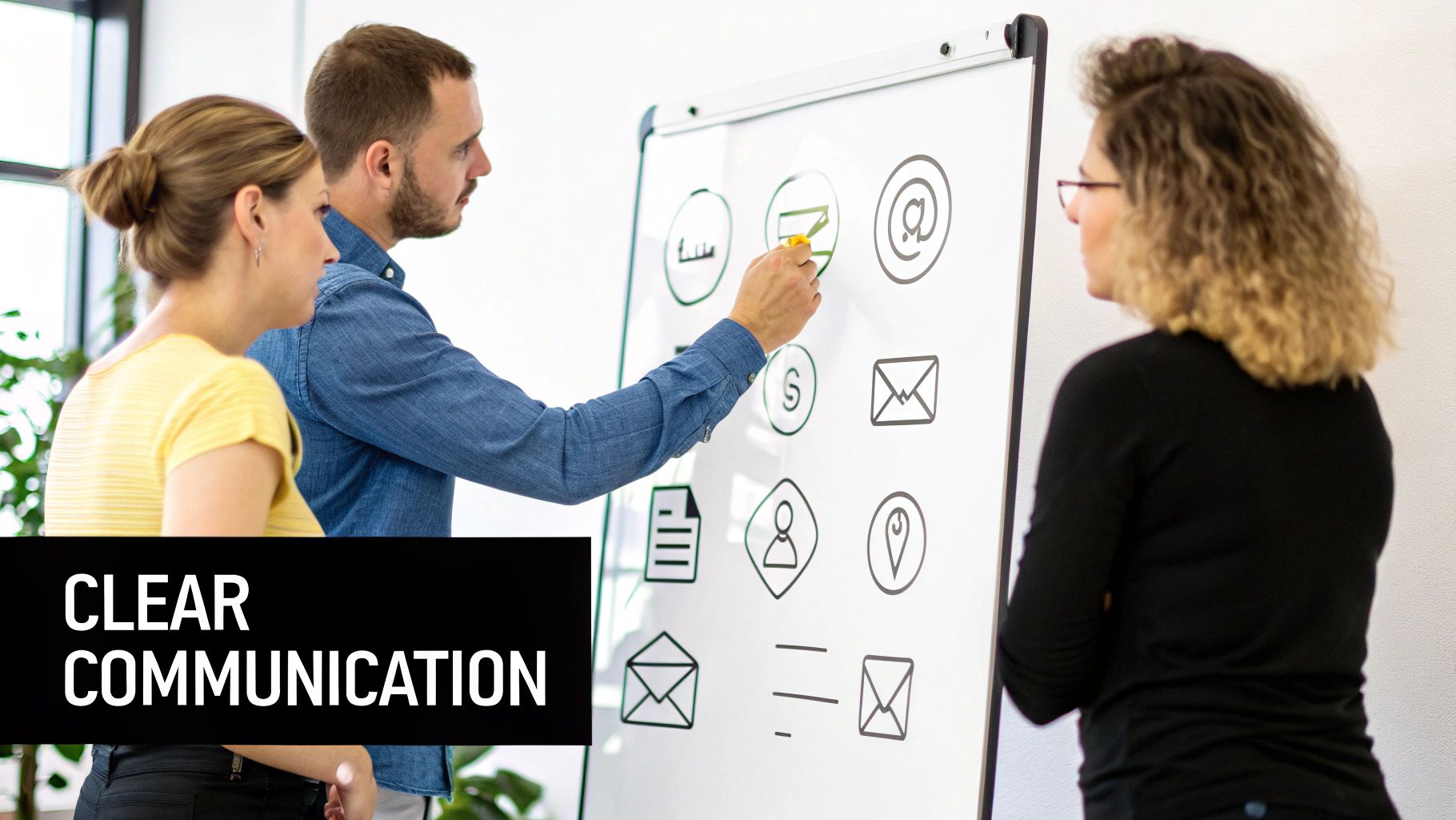 Team members collaborating around a desk with laptops.