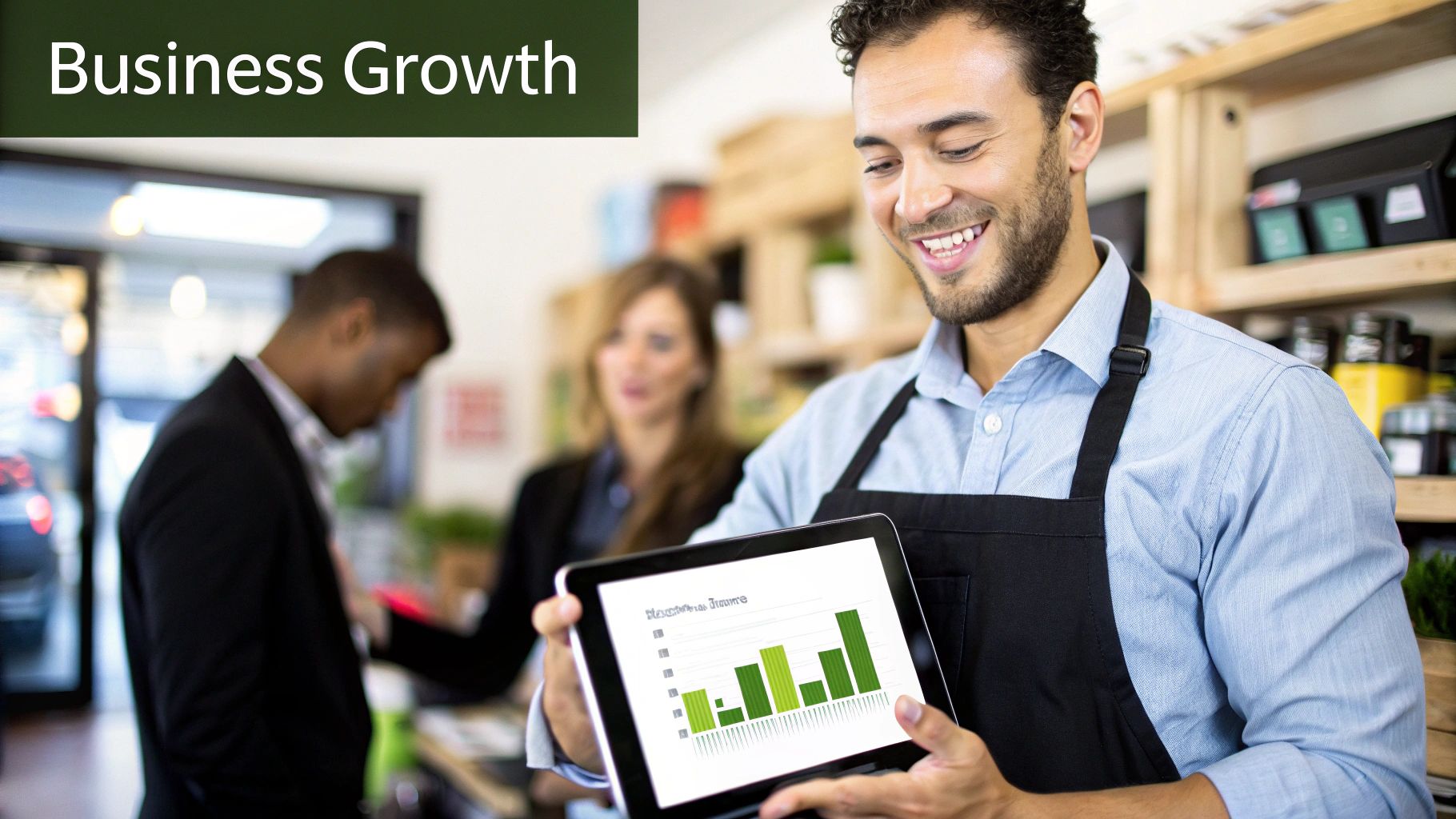 Small business owner looking at financial growth charts on a tablet, symbolizing the benefits of an automated answering service.