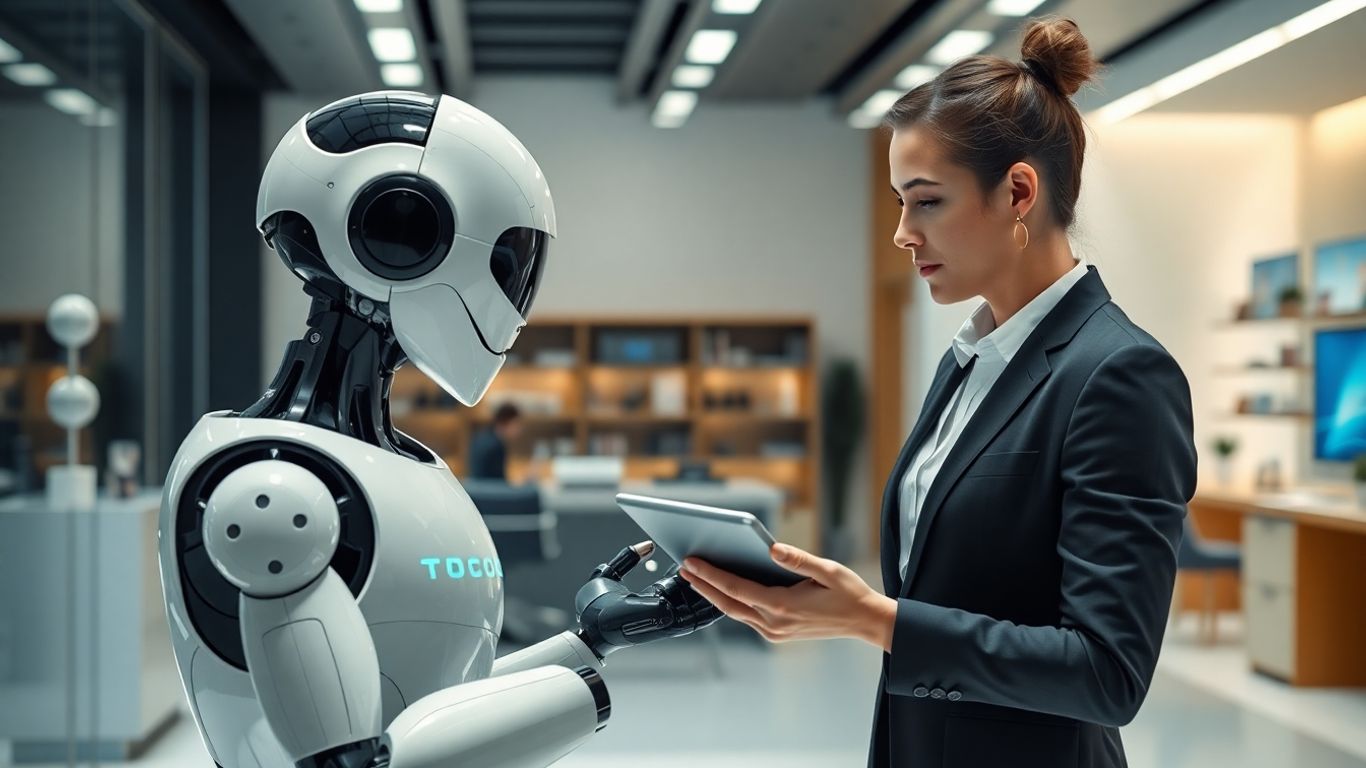 Robot and human salesperson collaborating in a modern office.
