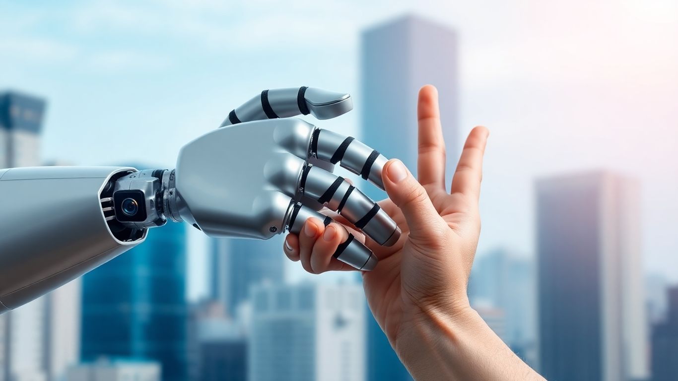 Robot and human hands shaking, symbolizing AI and sales.