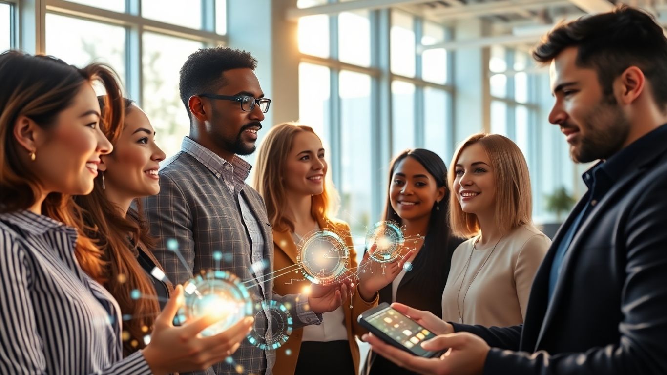 Sales team using AI tools with holographic data displays.