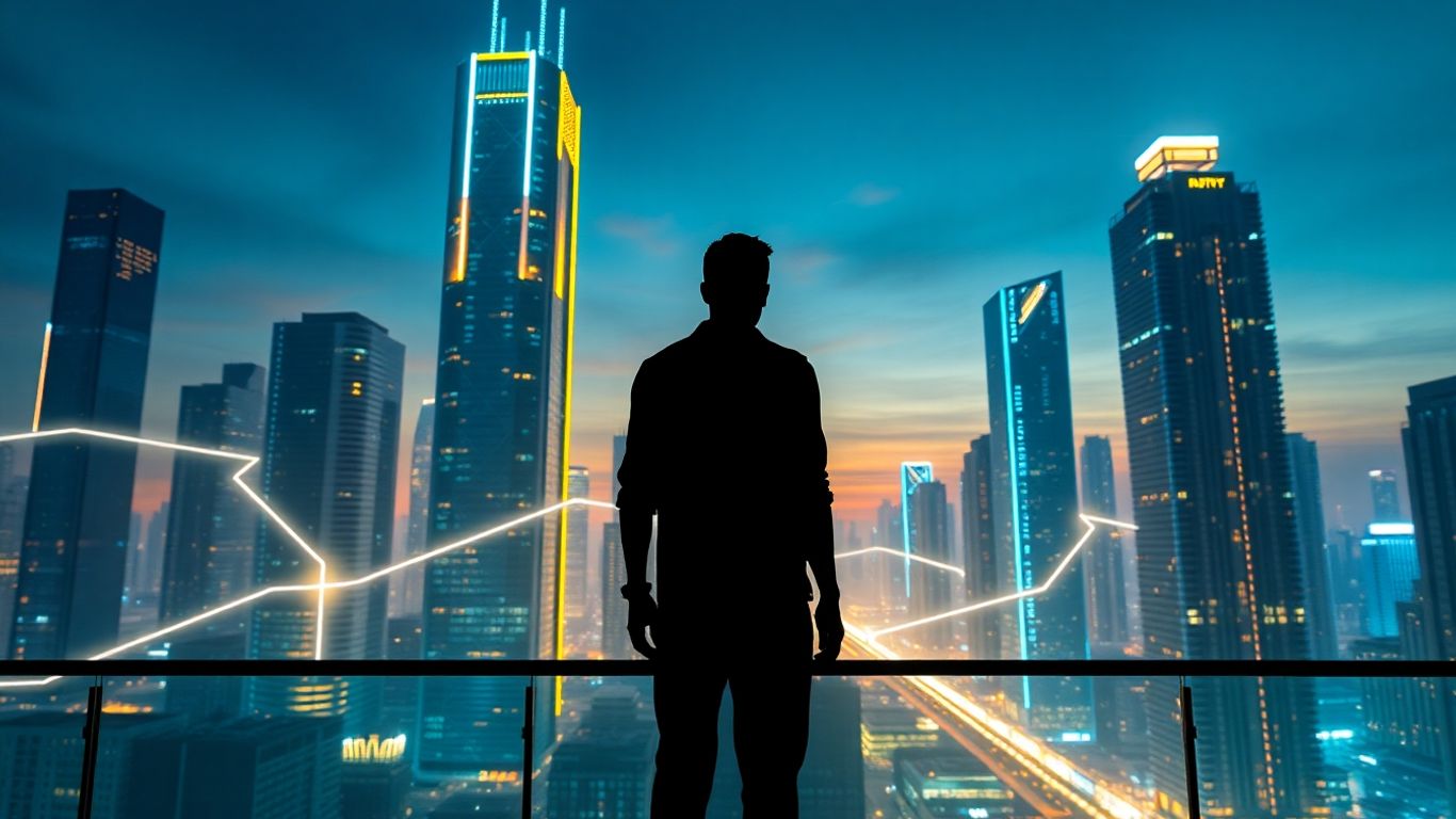 AI assisting sales growth in a futuristic city.