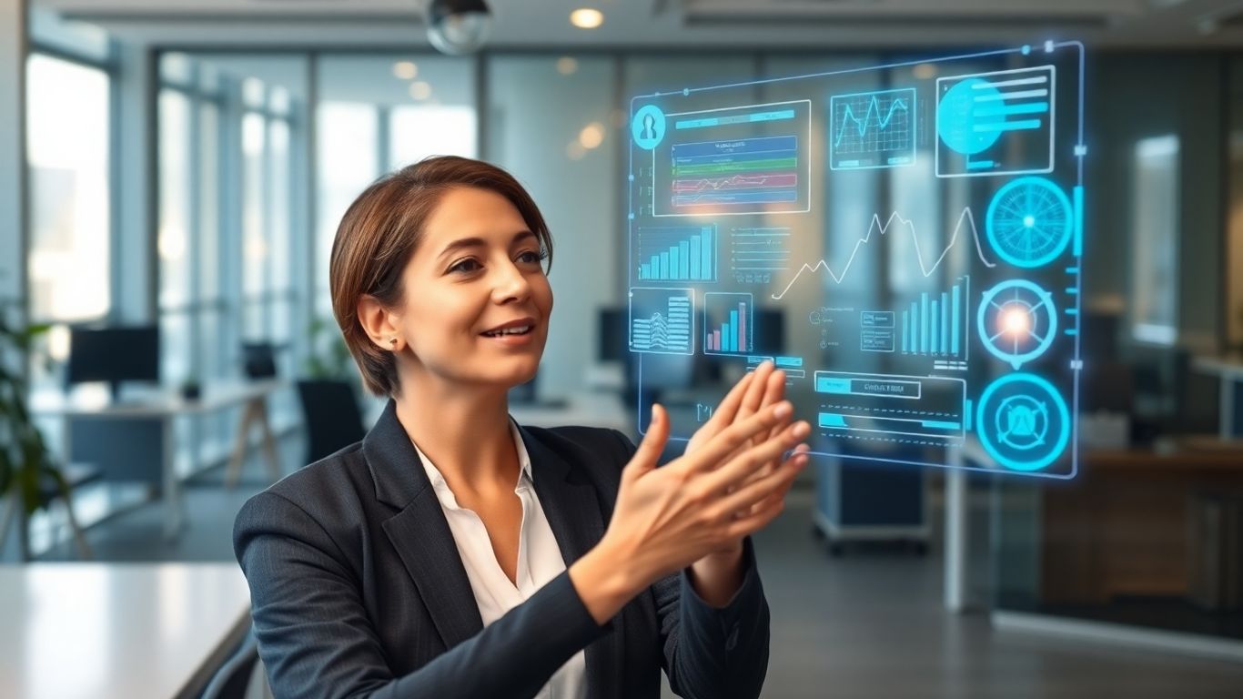 Salesperson using AI interface for sales potential.