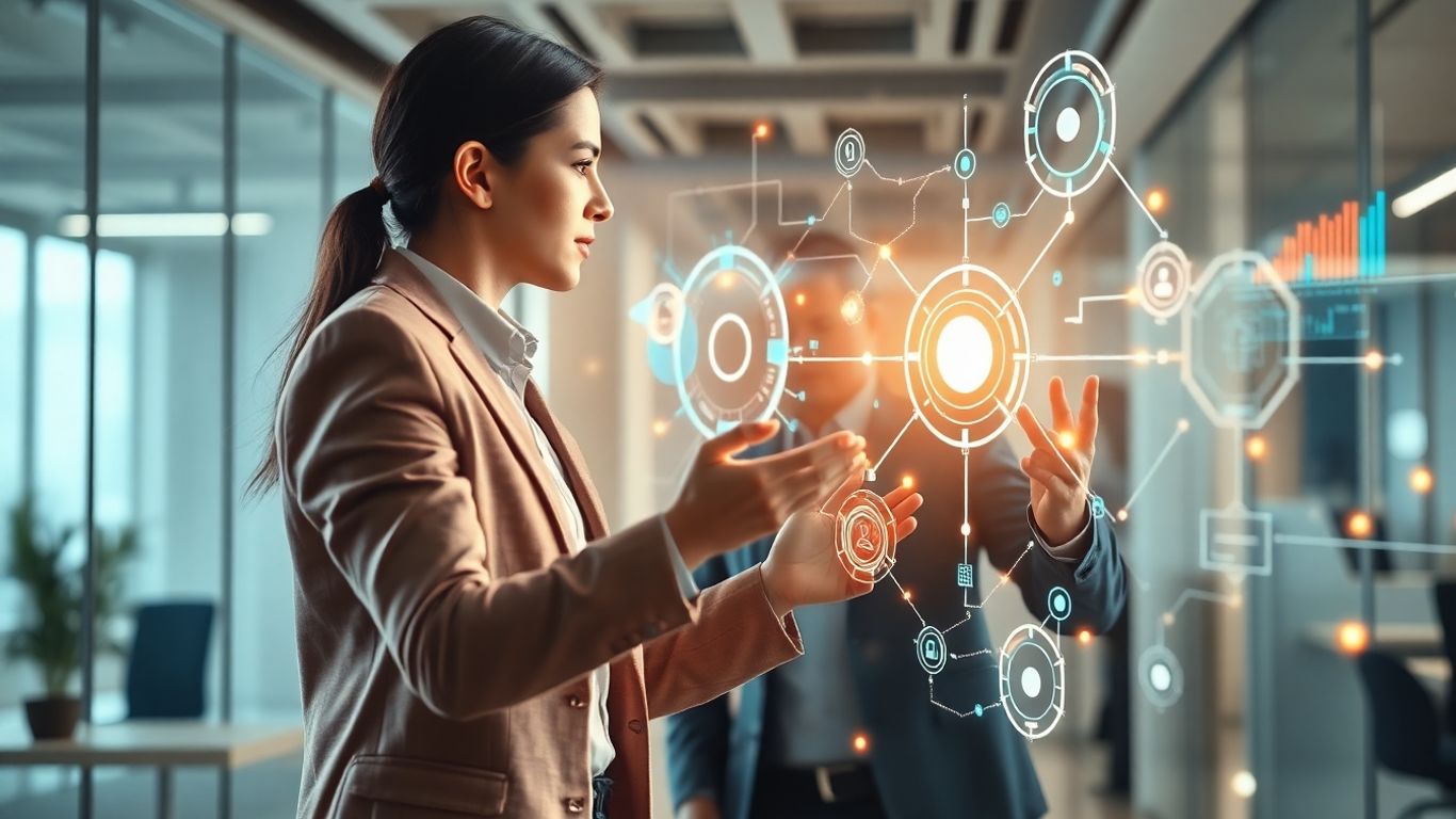 AI assisting a salesperson with futuristic interfaces.