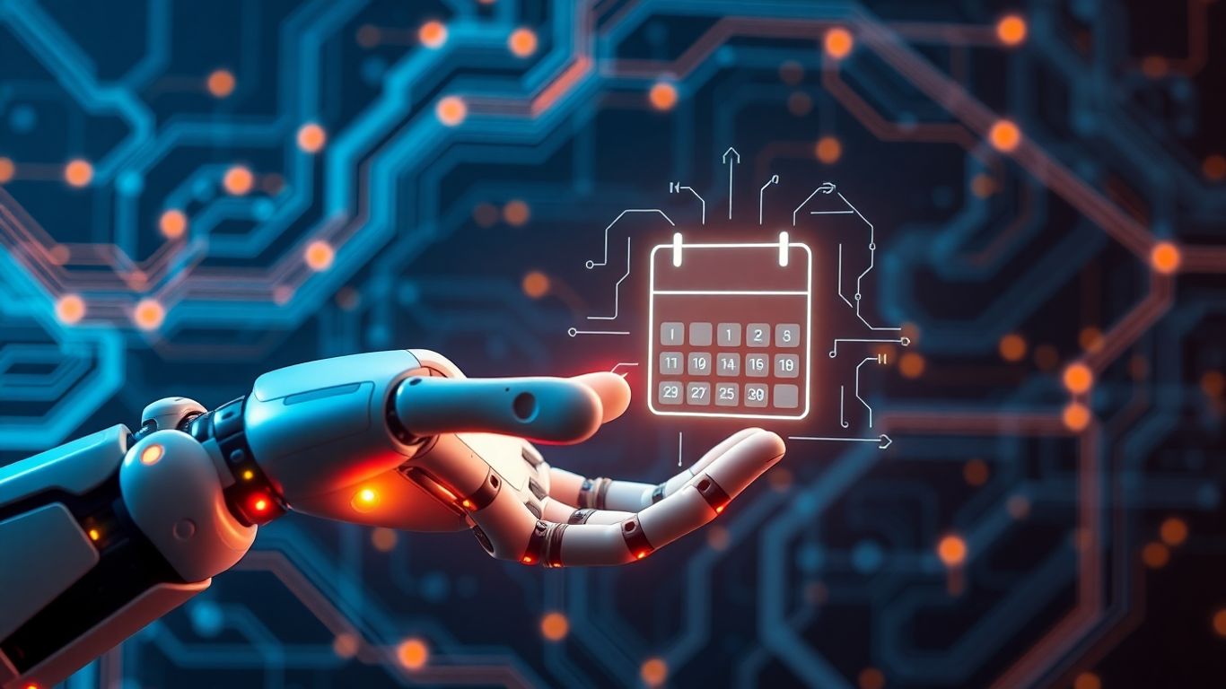AI sales appointment setter interface with robotic hand and calendar.
