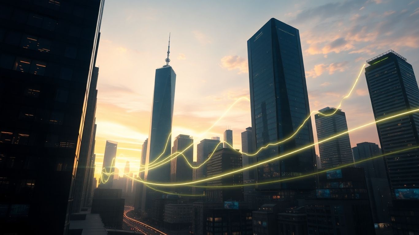 Futuristic cityscape with glowing data streams indicating growth.